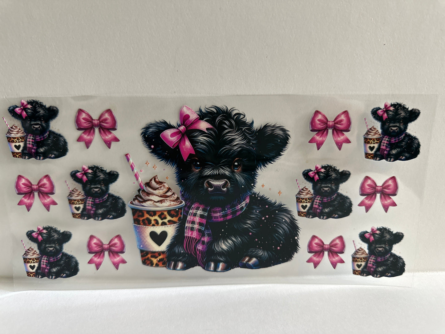 G929 coffee, black cow with pink bow