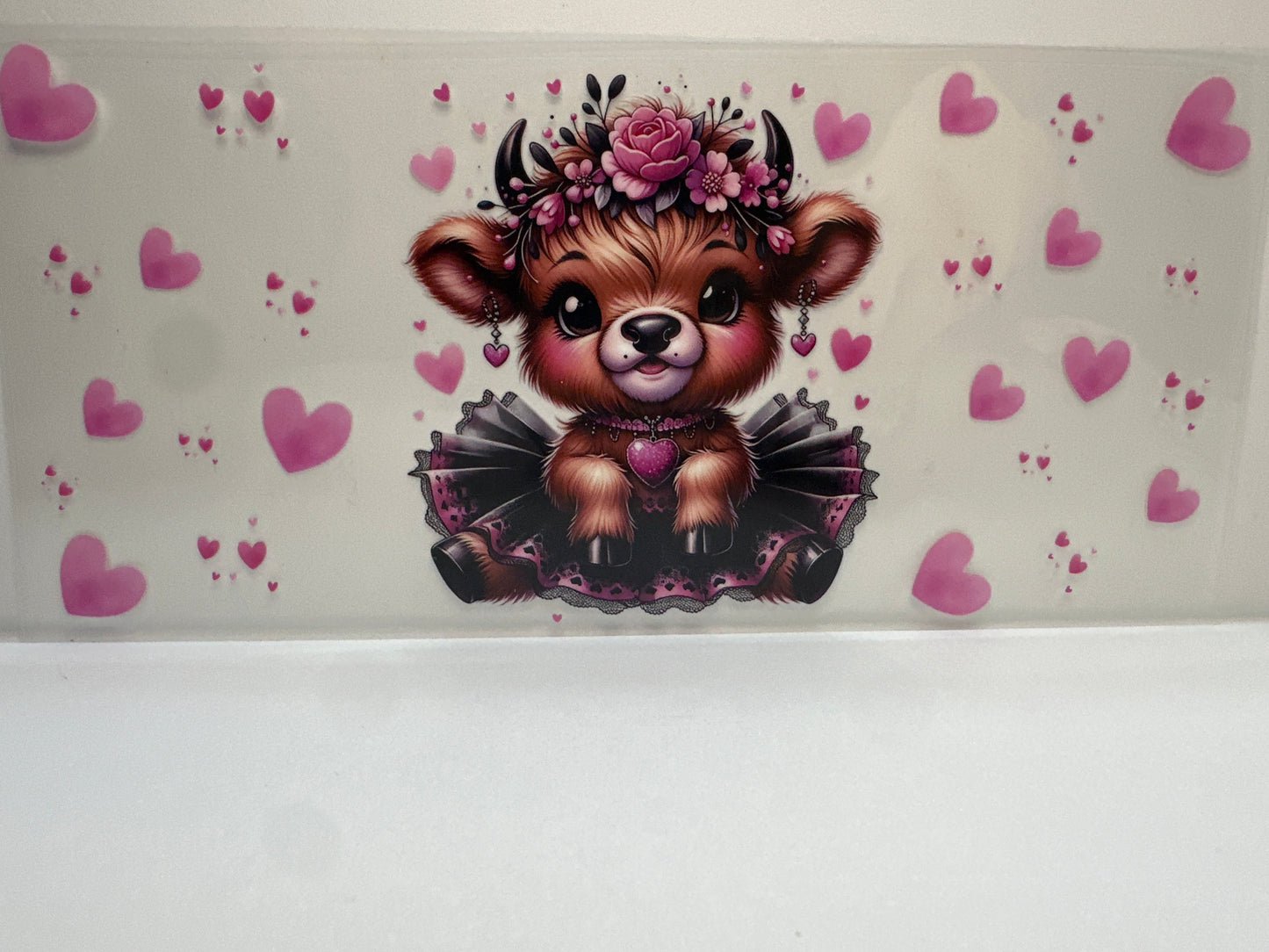 F424 Cow with black and pink tutu with pink hearts