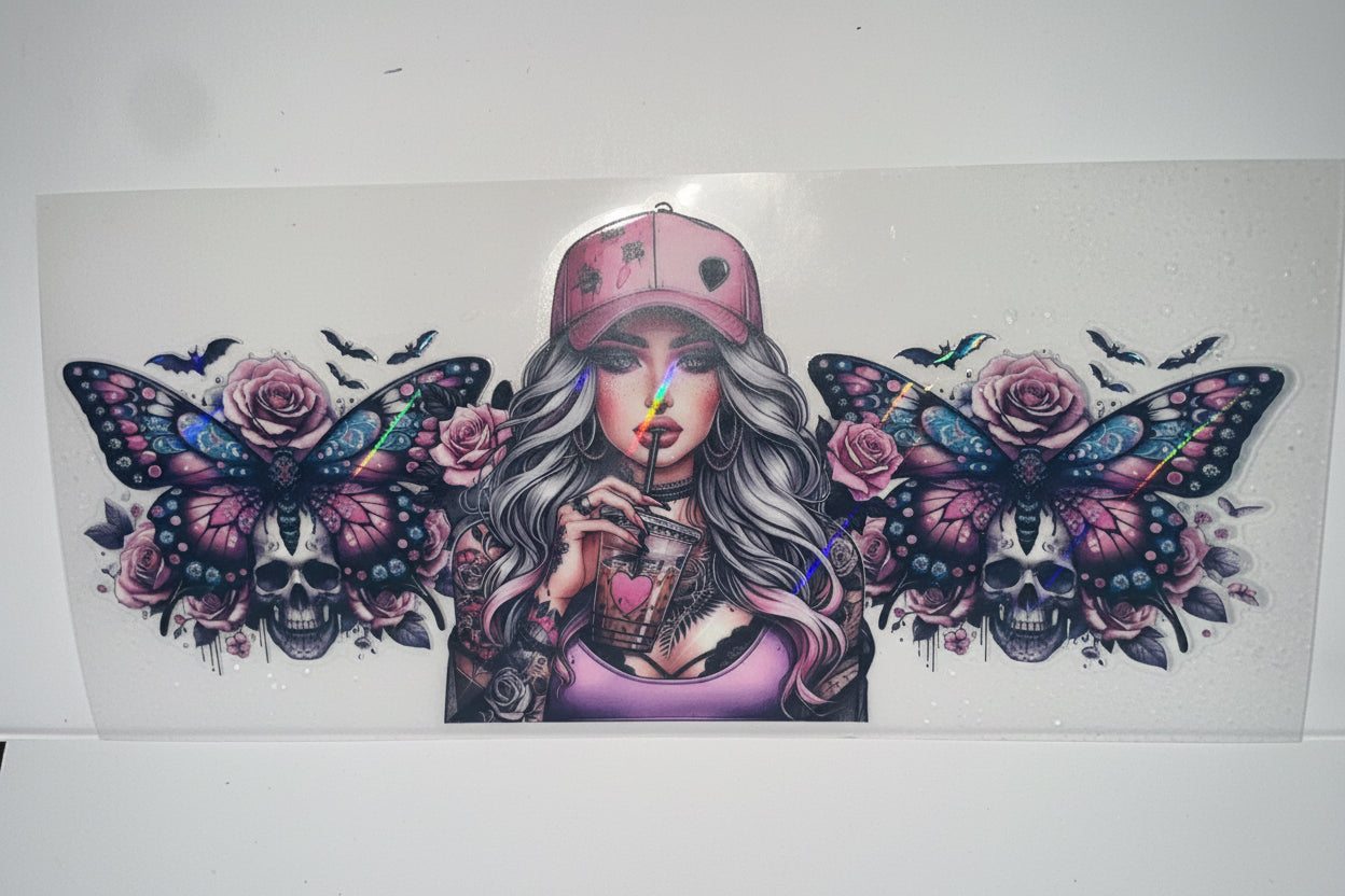 H1199 holographic girl with butterfly and skull