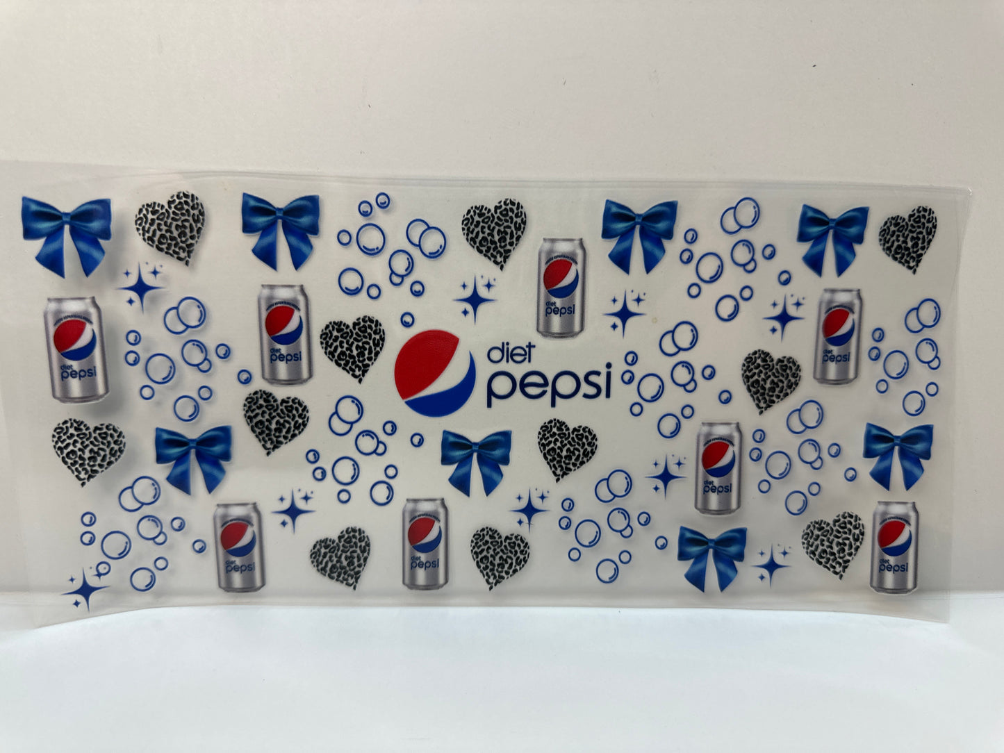 F634 diet Pepsi with black hearts, blue bows