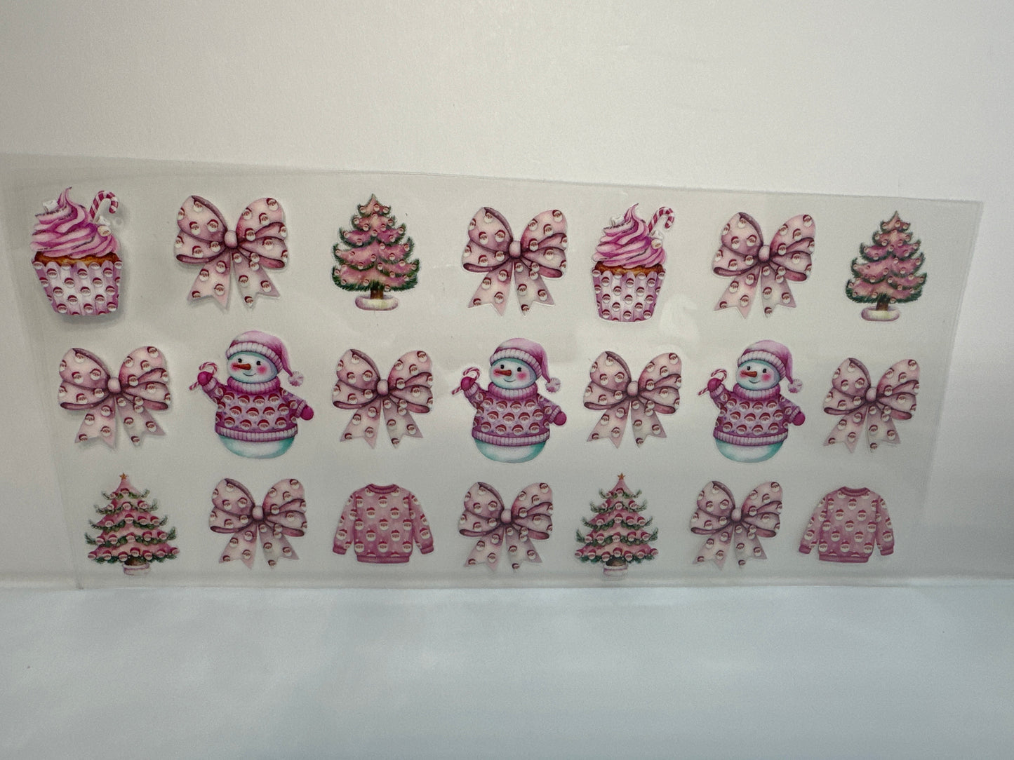 G229 pink snowman with bows and Christmas tree trees