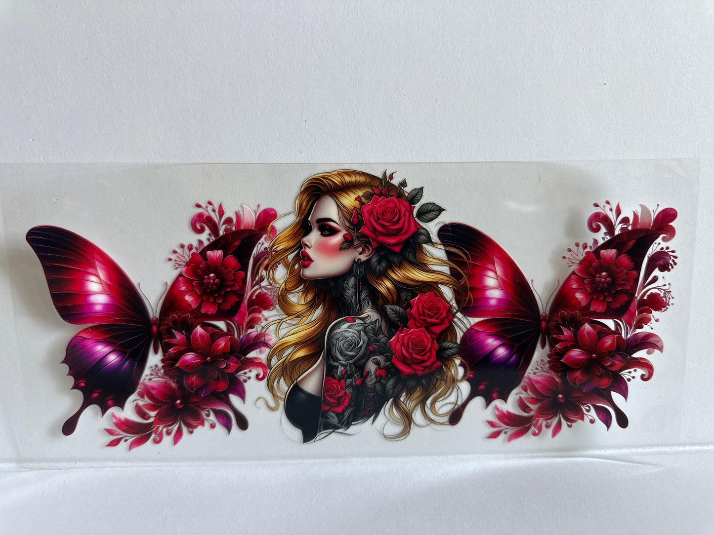 H46 tattooed girl with red and purple butterfly flowers sassy