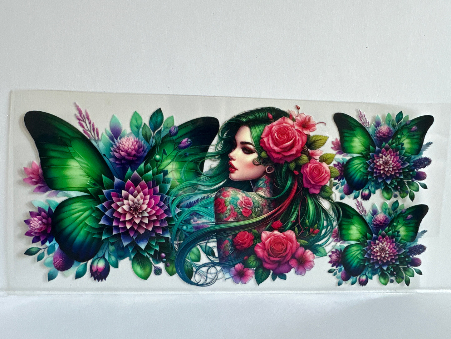 H47 tattooed girl with green butterfly flowers sassy