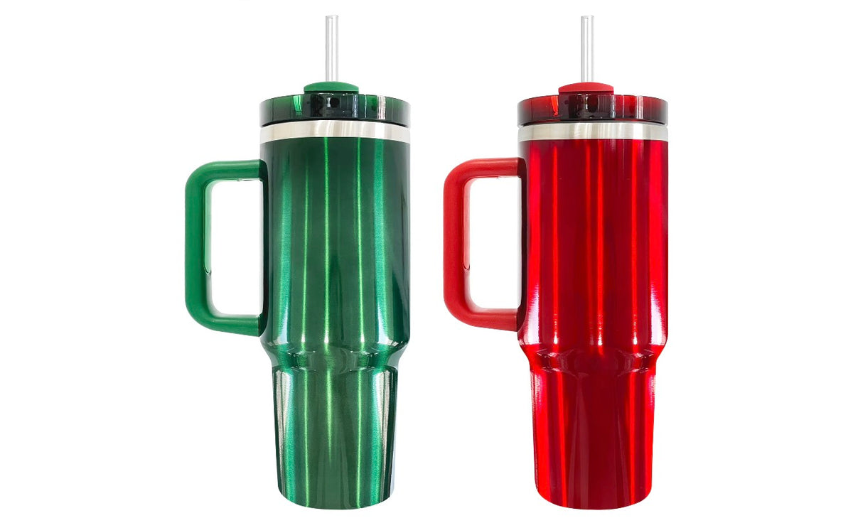40oz Personalized Red or Green Tumbler with Handle | Custom Laser Engraved Cup