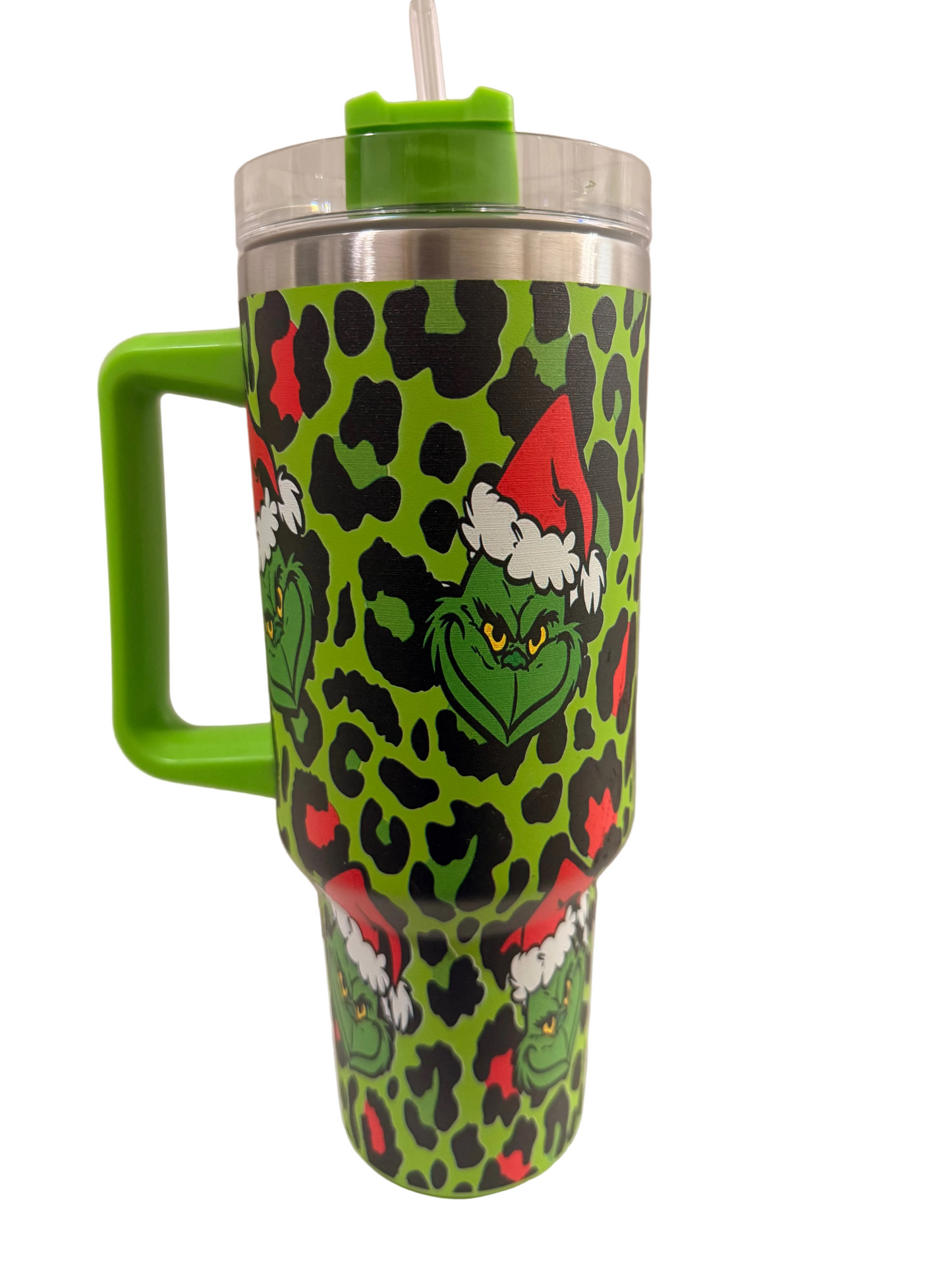 40 oz Grinch Christmas Leopard Tumbler with Handle