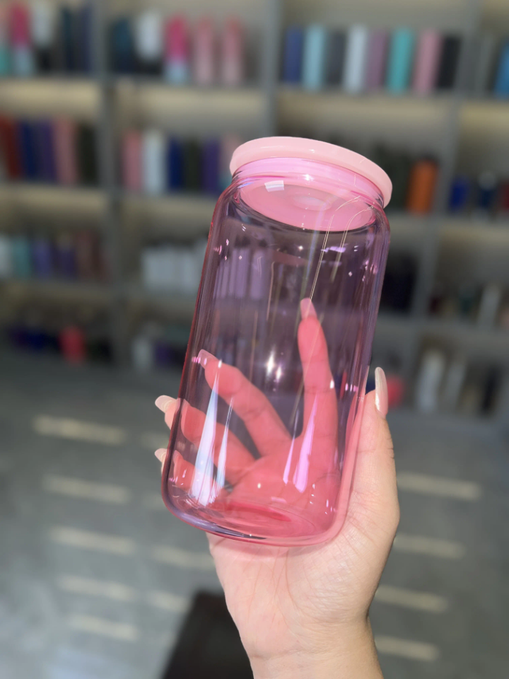 16oz Jelly Colored Glass Can Cup with Lid & Straw | Iced Coffee Glass, Snow Globe Tumbler Base