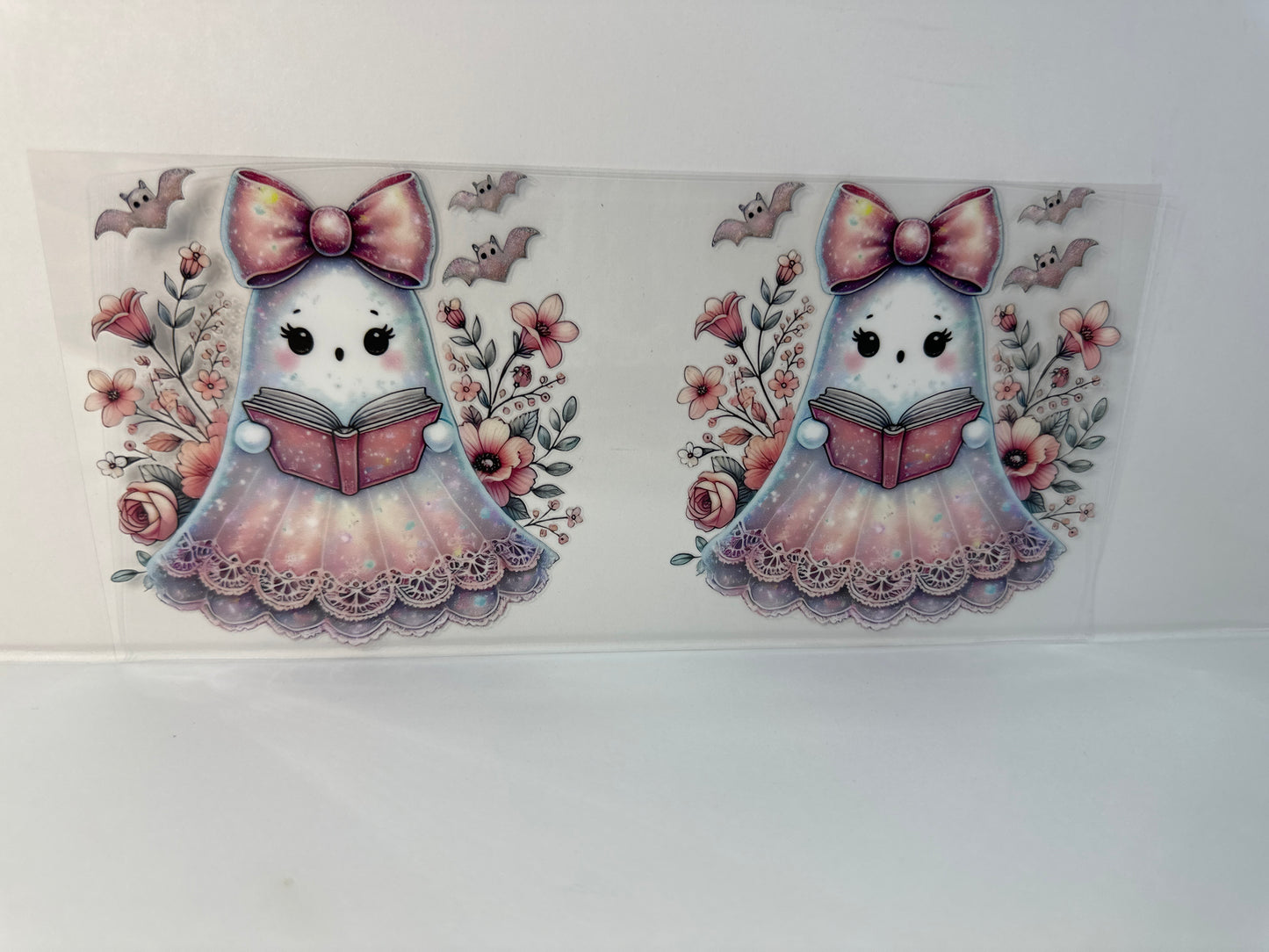 G136 ghost with book and flowers bats Halloween