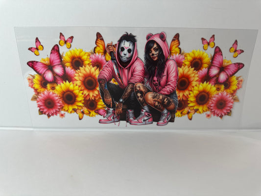E134 Horror Girl & Guy with sunflowers and butterflies