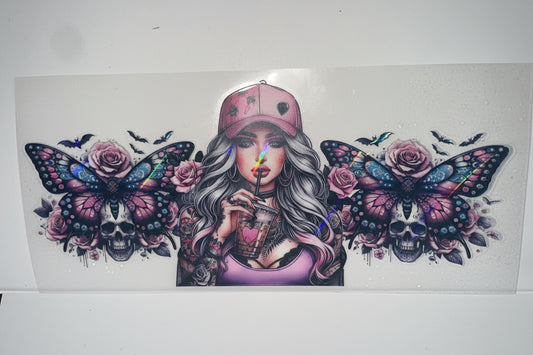 H1199 holographic girl with butterfly and skull