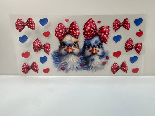 F929 chickens with bows, red and blue