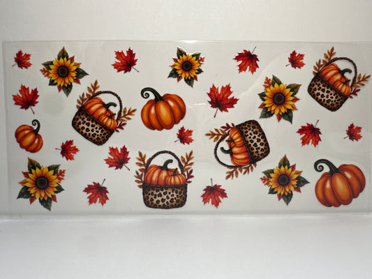 F385 Fall time, pumpkins with sunflowers and leaves