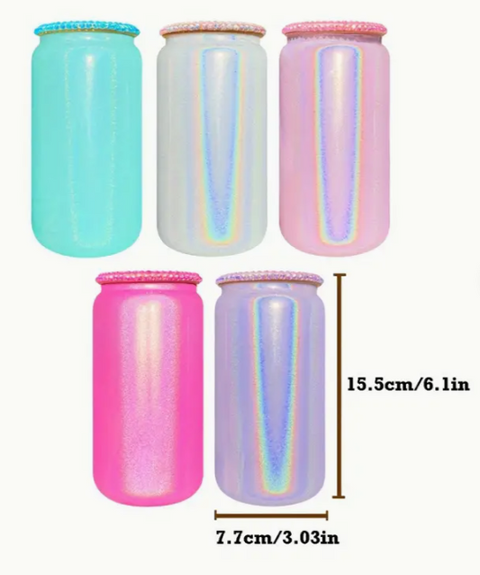 ✨💎 16oz Shimmer White Glitter Sublimation Glass Can with Rhinestone Bling Lid -Non Snow Globe