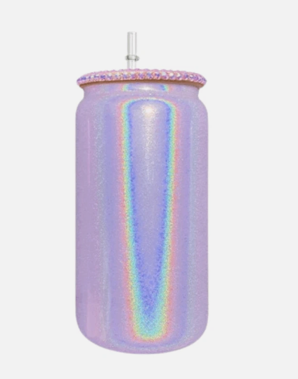 ✨💎 16oz Shimmer White Glitter Sublimation Glass Can with Rhinestone Bling Lid -Non Snow Globe