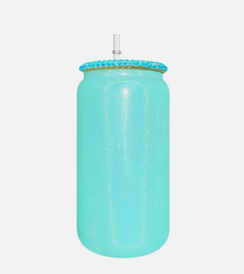✨💎 16oz Shimmer White Glitter Sublimation Glass Can with Rhinestone Bling Lid -Non Snow Globe