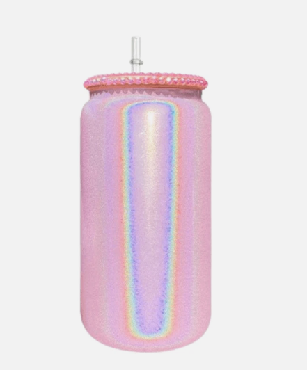 ✨💎 16oz Shimmer White Glitter Sublimation Glass Can with Rhinestone Bling Lid -Non Snow Globe