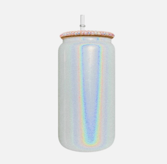 ✨💎 16oz Shimmer White Glitter Sublimation Glass Can with Rhinestone Bling Lid -Non Snow Globe