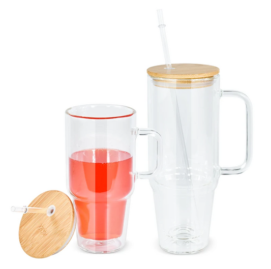 40oz / 30oz Double Wall Glass Snow Globe Tumbler with Wooden Lid