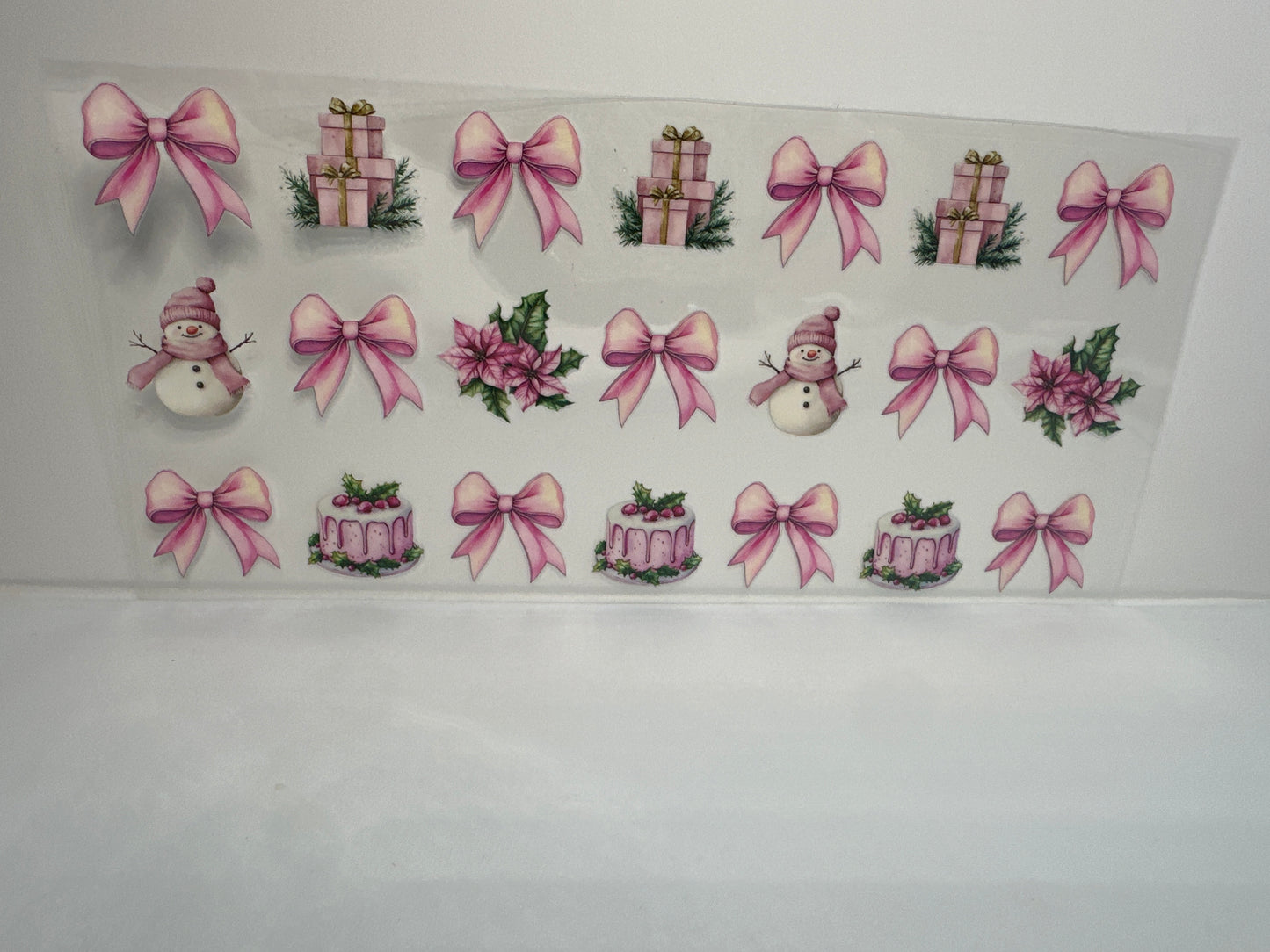 G224 pink snowman with bows presents poinsettias Christmas