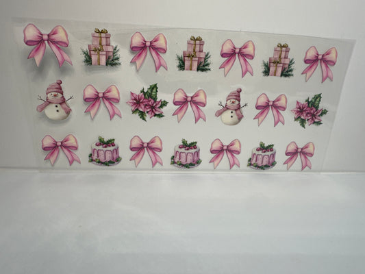 G224 pink snowman with bows presents poinsettias Christmas