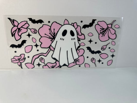 G127 ghost with pink flowers and bats Halloween