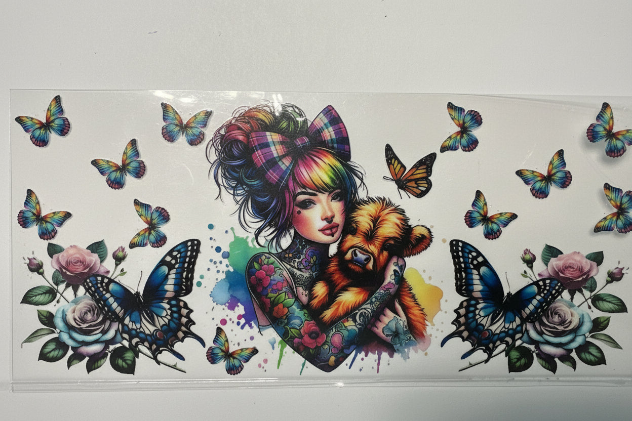 H1202 Girl with highland cow and butterflies
