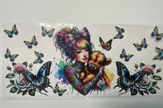 H1202 Girl with highland cow and butterflies