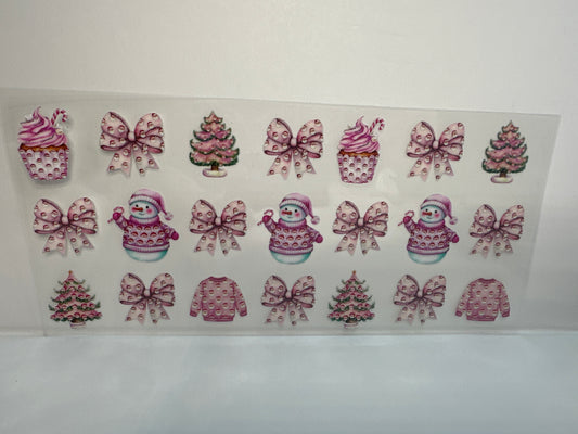 G229 pink snowman with bows and Christmas tree trees
