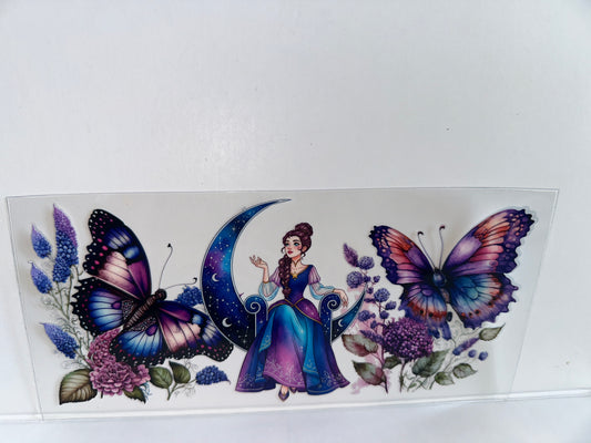 H41 celestial girl sitting on moon w/flowers and butterfly sassy