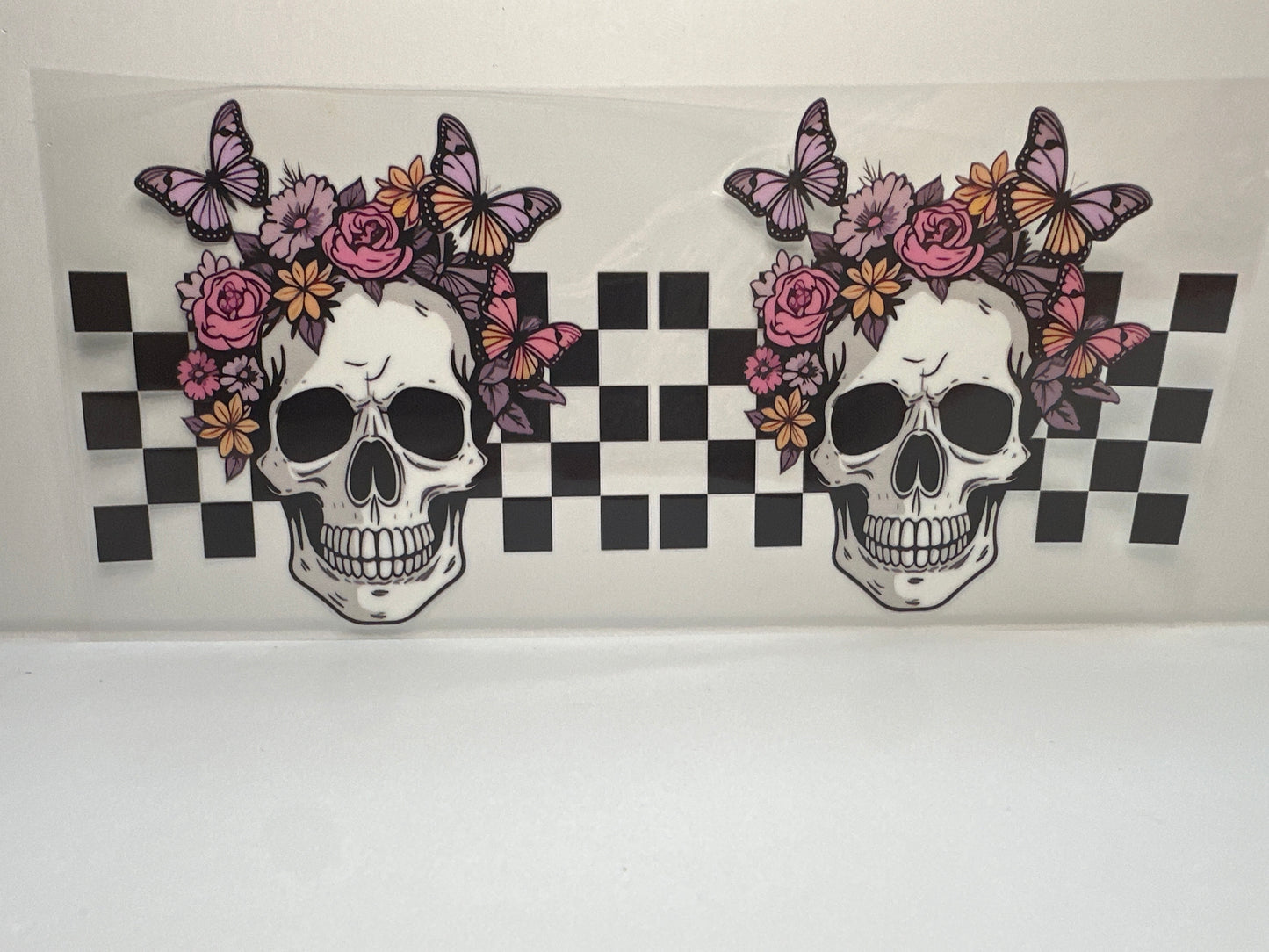 F435 checkered skulls with flowers and butterflies