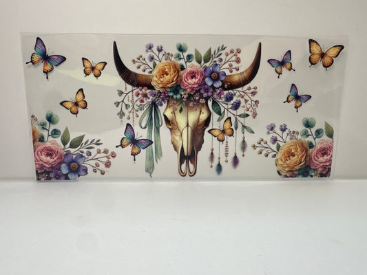 F820 western skull with flowers and butterflies