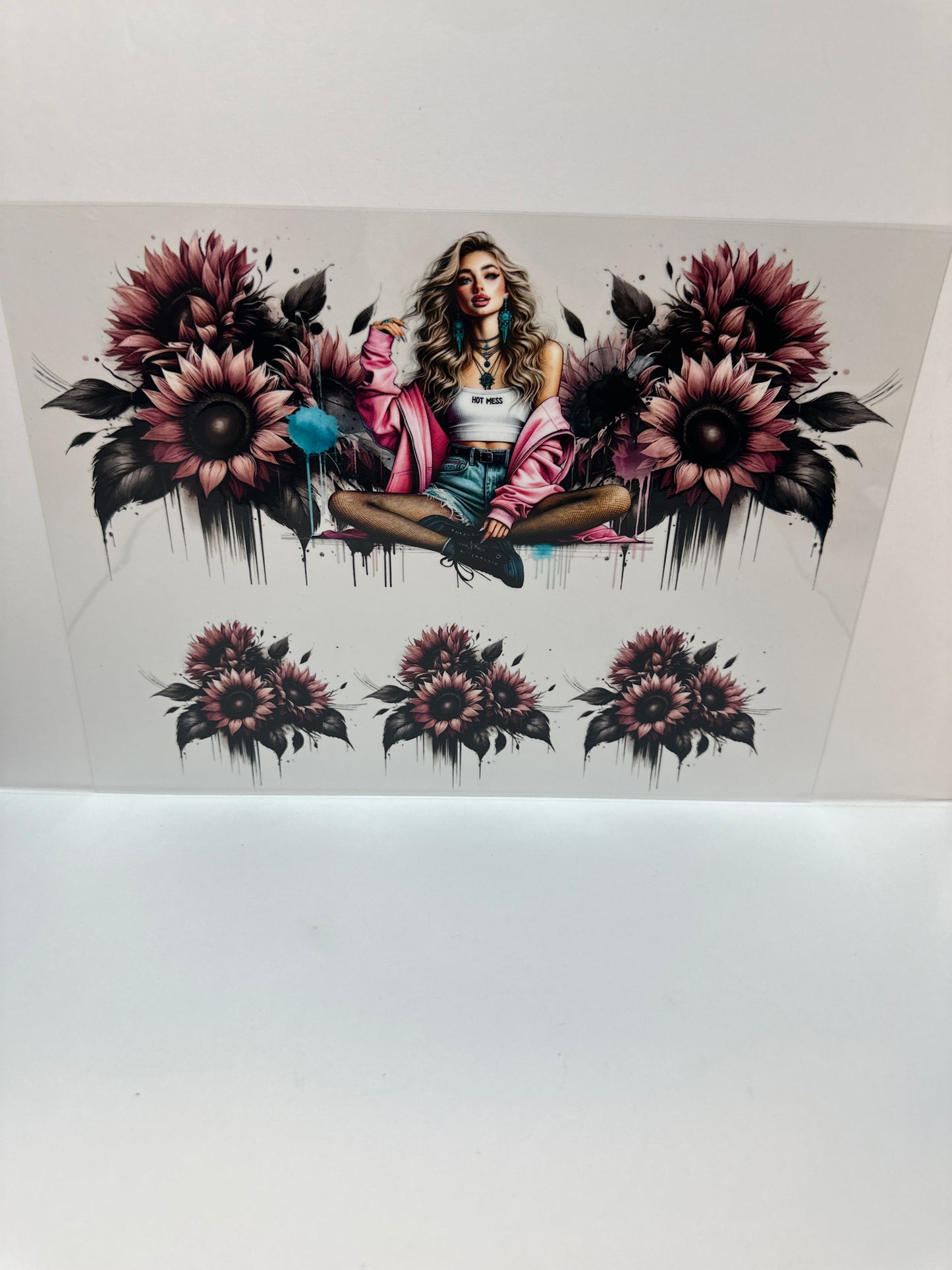 F789 hot mess girl with flowers, 40 ounce cup wrap