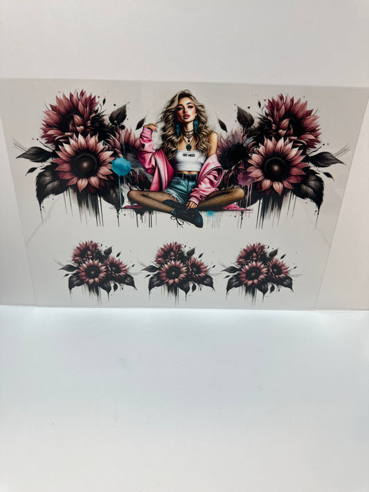 F789 hot mess girl with flowers, 40 ounce cup wrap