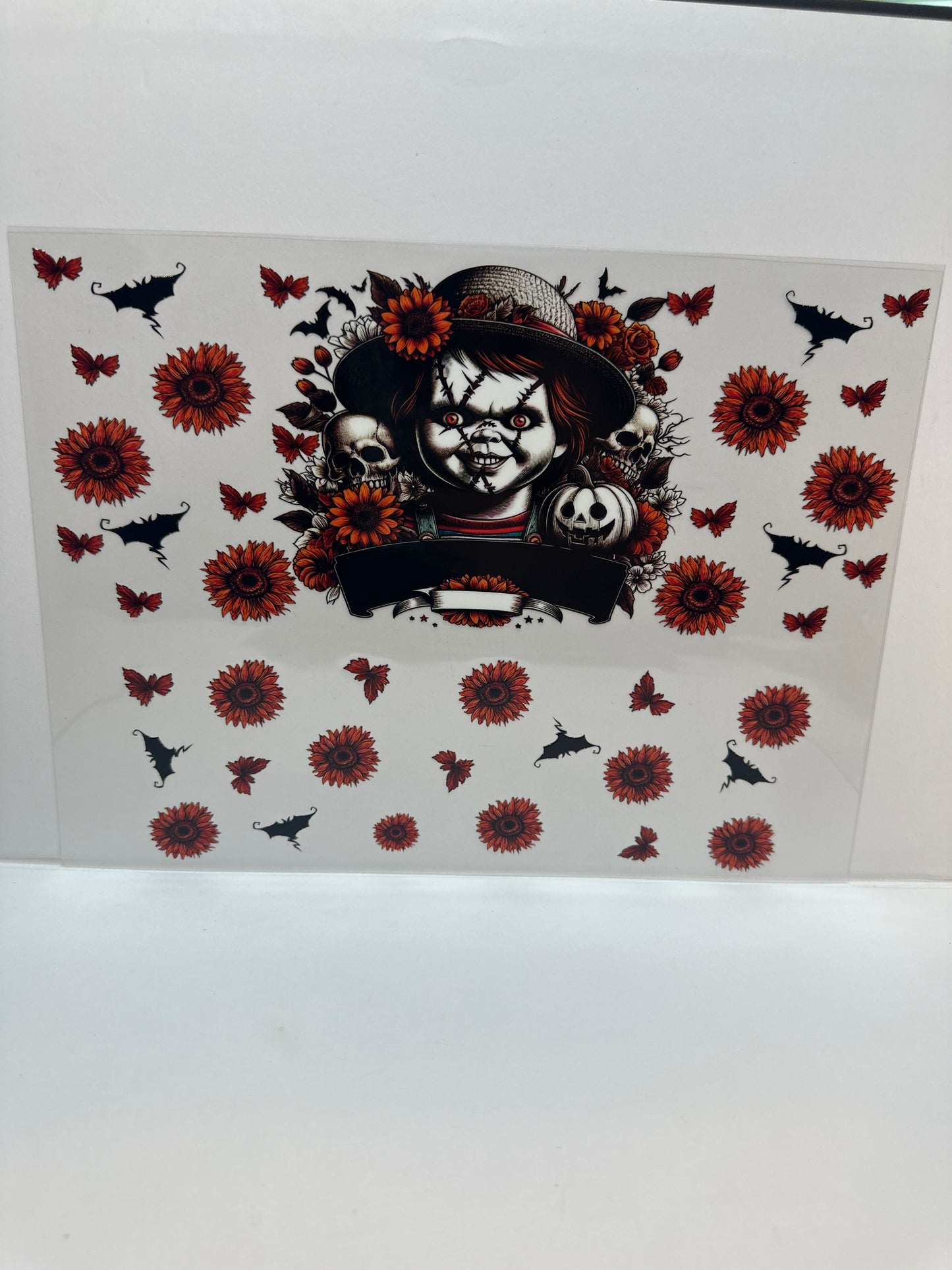 F775 Chucky Halloween with sunflowers and bats 40 ounce cup wrap