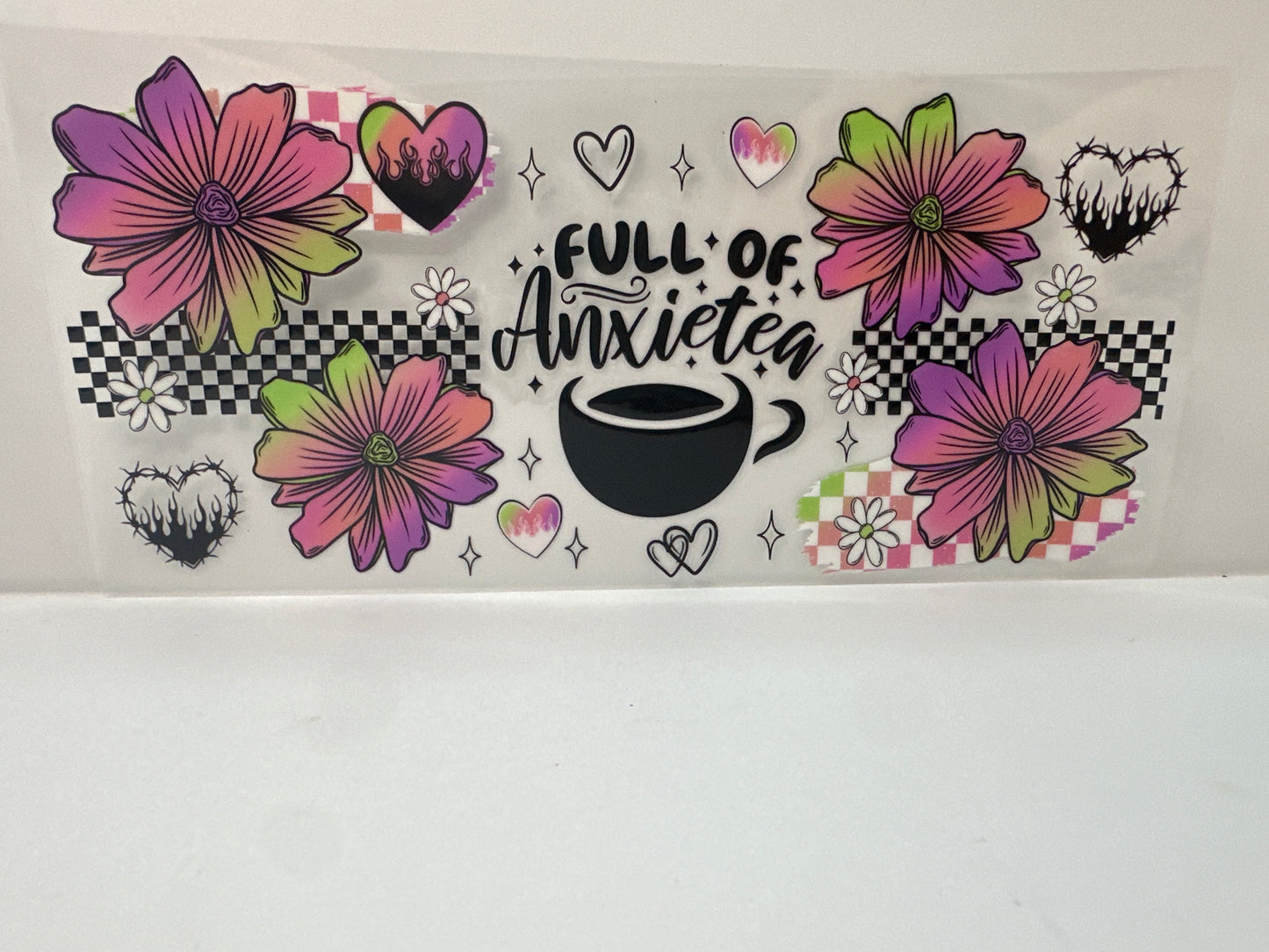 F866 full of anxiety checker design with flowers and hearts