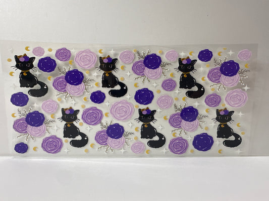 G739 black cat with purple flowers