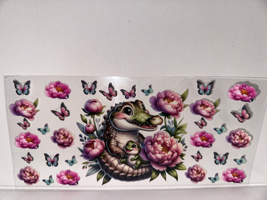 H164 alligator with flowers and butterflies