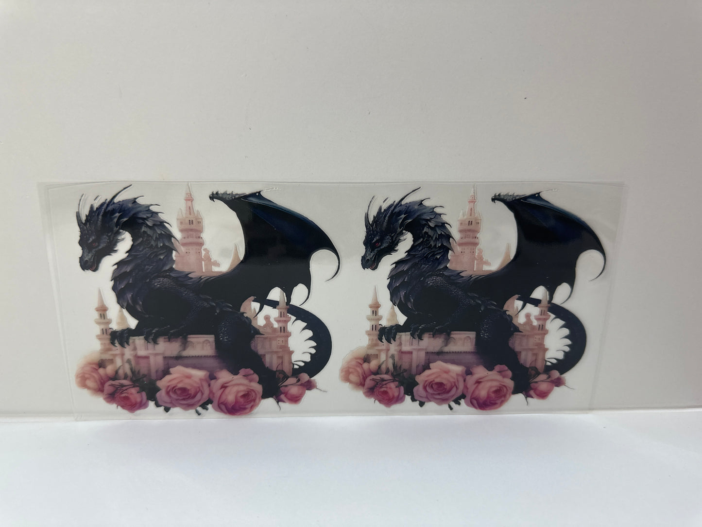 G371 black dragon with pink roses and castle