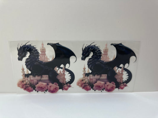 G371 black dragon with pink roses and castle