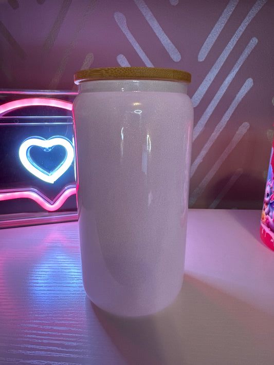 ✨💎 16oz Shimmer White Glitter Sublimation Glass Can with bamboo lid (No Wrap)