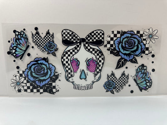 F864 Checkered skull flowers and butterfly