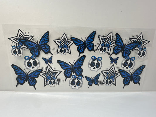 G516 plaid skulls with butterflies blue