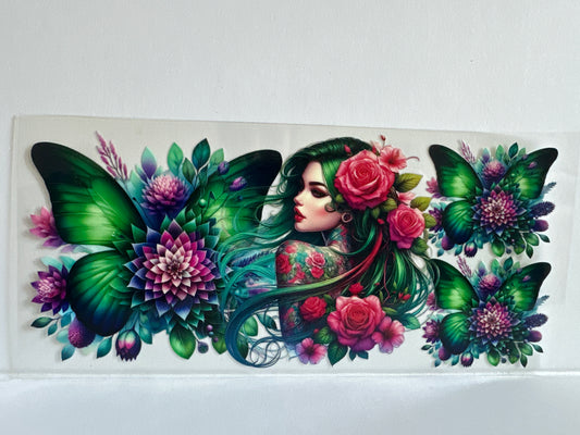 H47 tattooed girl with green butterfly flowers sassy