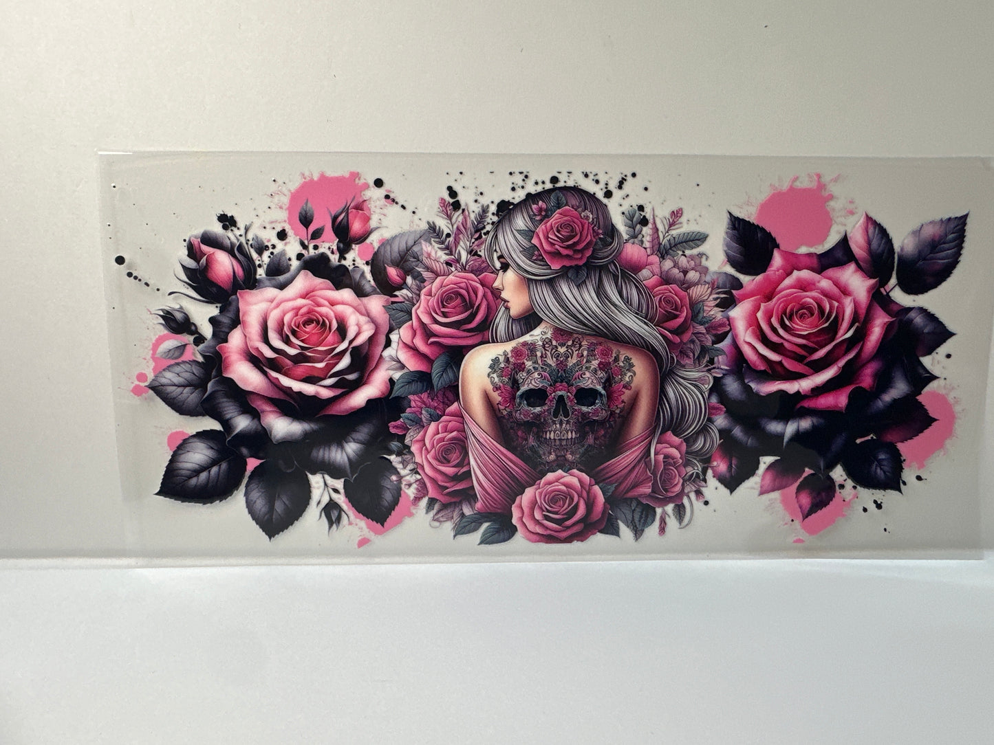 F716 girl with skull tattoo with roses, pink and black