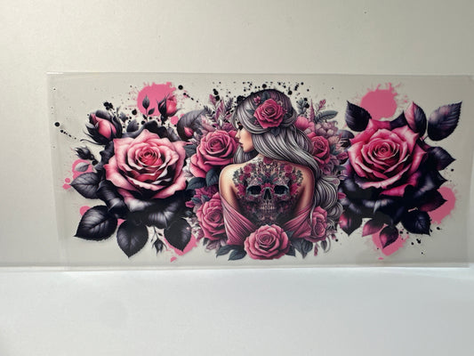 F716 girl with skull tattoo with roses, pink and black