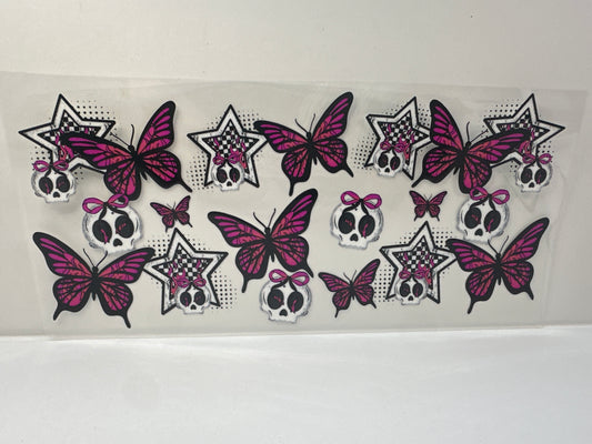 G514 plaid skulls with butterflies pink