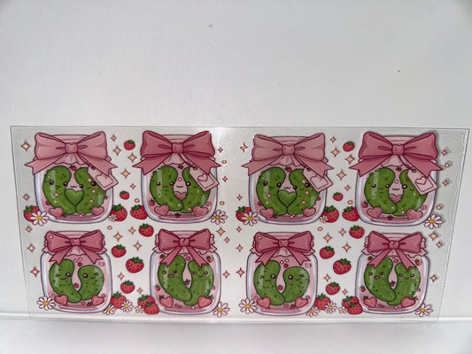 H234 pickles in a jar with bows and strawberries