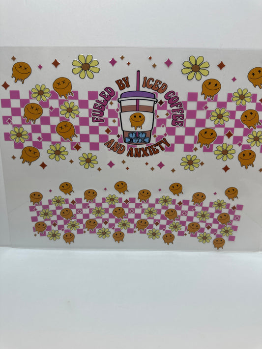 F770 checkered face and flowers viewed by iced coffee and anxiety, 40 ounce cup wrap