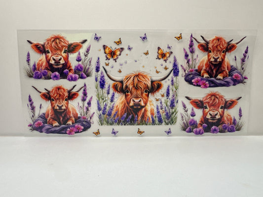 F828 highland cow with flowers and butterflies