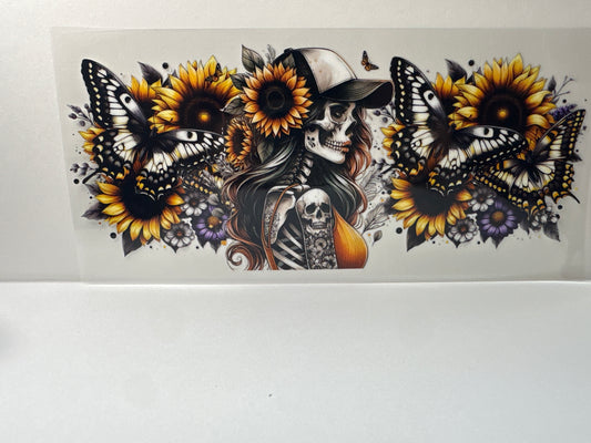 F714 skull girl with butterflies and sunflowers