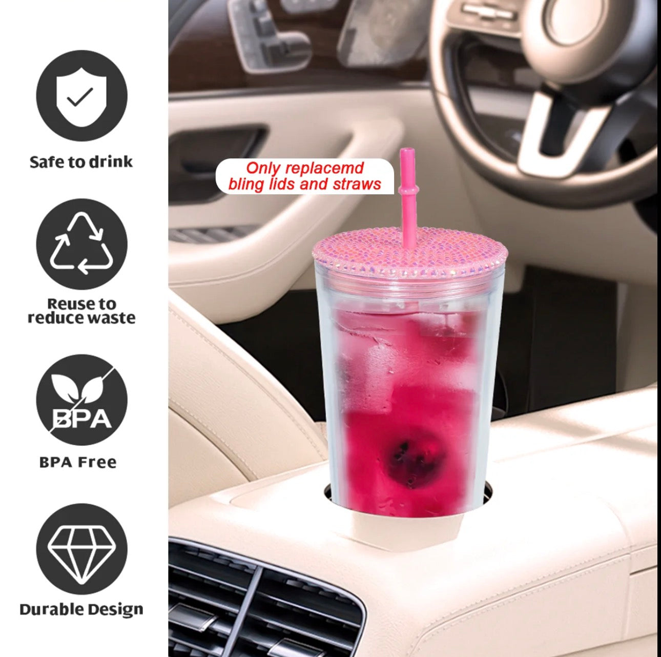 New 16oz/24oz replaced bling screw lids and straw ONLY does not include cup